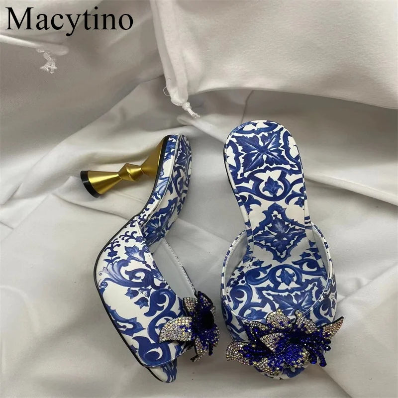 2024 New Arrival Beaded Flower Decoration Ladies Slippers Strange Heel Lady Shoes Open Toe Slip-on Outwear Slides For Girls