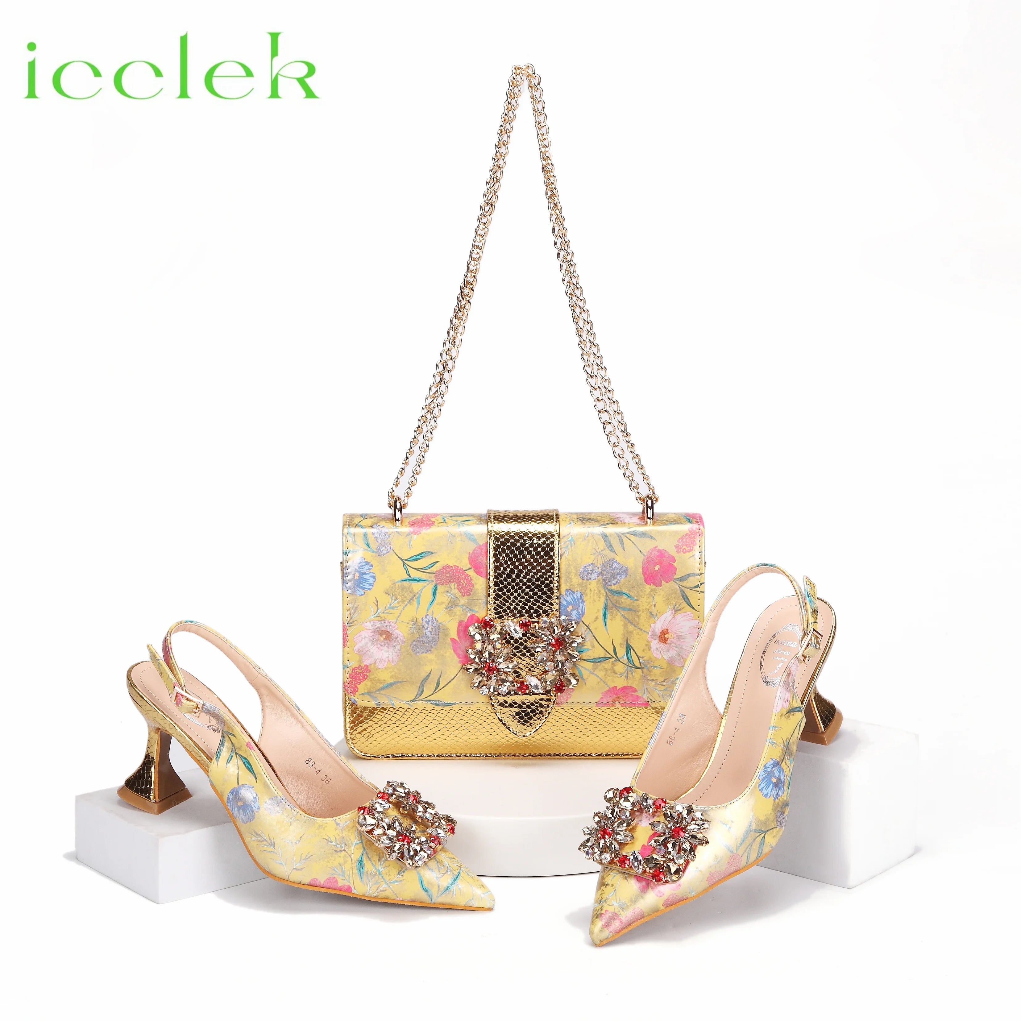 2024 Italian Design Girly Style Coffee Color Pointed Toe Wedding Shoes And Bag Full Diamond Decoration Metal Closure Bag