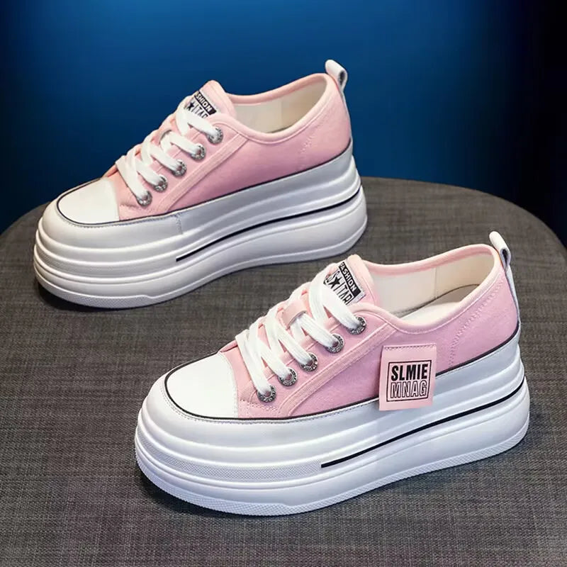 2025 New Woman Platform Sneakers Wedge Shoes Female 8cm Height Increasing Ladies Breathable Cloth Casual Shoes Canvas Shoes