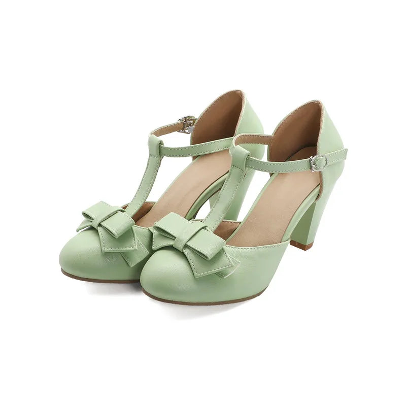 T-Straps Summer Women Sandals Fashion Pink Green Heels Lolita Shoes For Girls Sweet Bow-tied Office Wedding Shoes Large Size 44