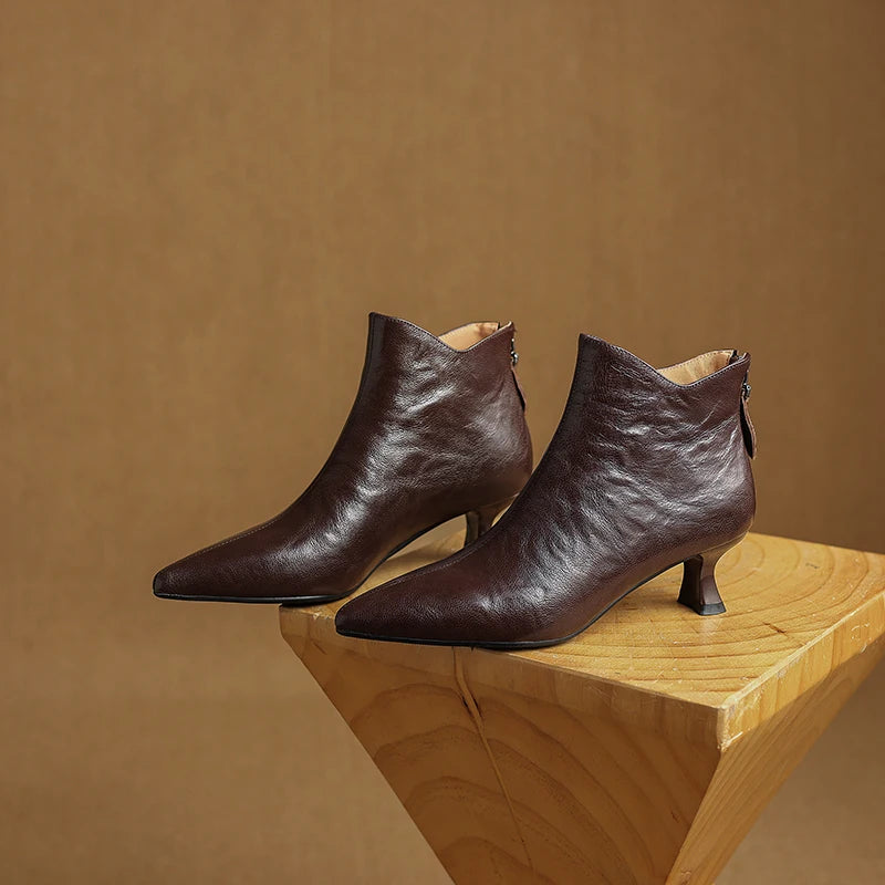 2025 Spring Vintage Pointed Toe Women Ankle Boots Fashion Thick Heel Shoes Concise Short Botas De Mujer