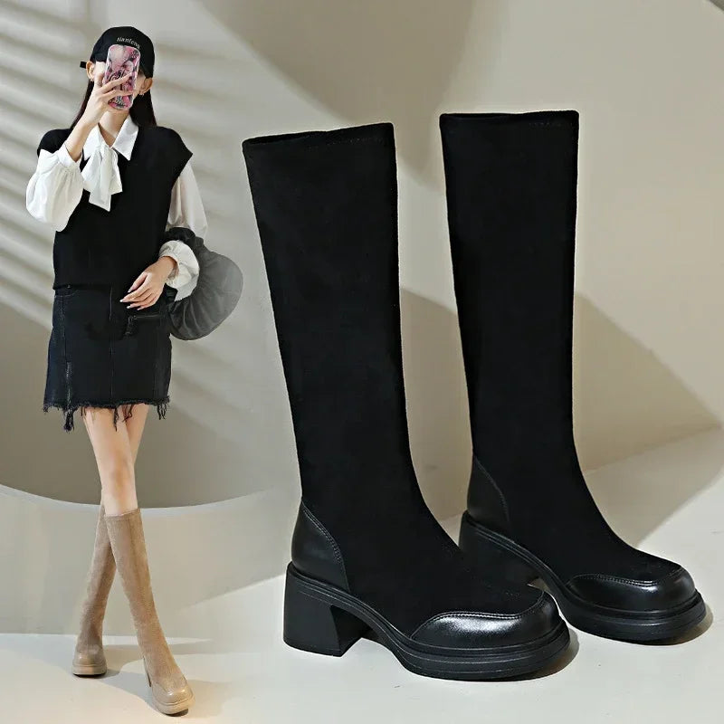 Fashion Knee High Boots Women Chunky Heels Punk Long Boots Patchwork Ladies Shoes Thick Bottom Platform Botas 2024