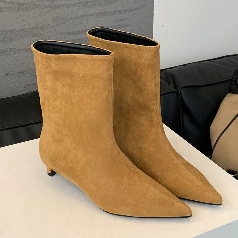 Fashion Pointed Toe Flock Women Ankle Boots Shoes With Low Heel Designer Footwear Slip On Ladies Modern Short Booties Shoes