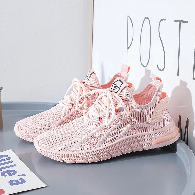 Women Fashion Casual Sneakers Comfortable Mesh Lace-Up Ladies Sport Shoes Women's Walking Mesh Flat Breathable Vulcanized Shoes