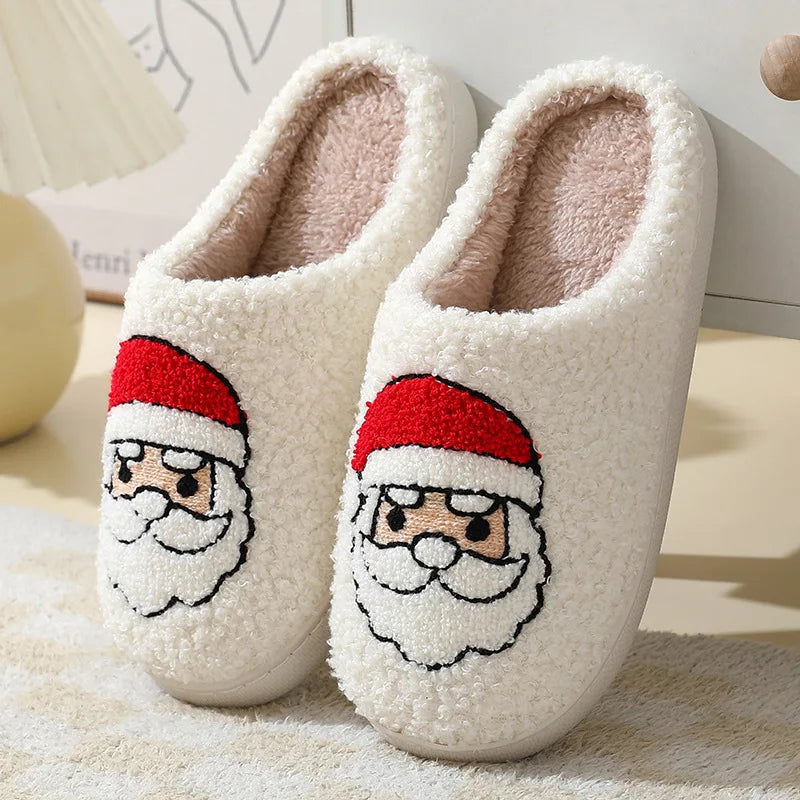 Christmas Comfortable Home Cute Cartoon Santa Claus Slippers Winter Flat Slippers for Men and Women Couples Warm Cotton Slides