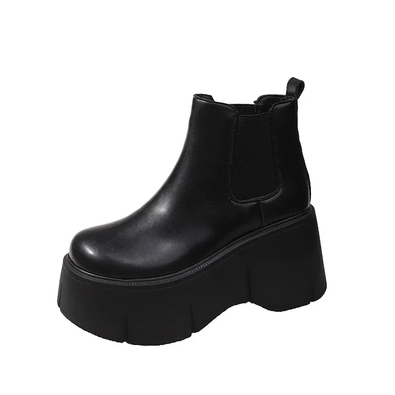 8CM Heels Winter Women Leather Chunky Ankle Boots 2023 Autumn High Platform Boots Woman Thick Bottom Non Slip Motorcycle Booties