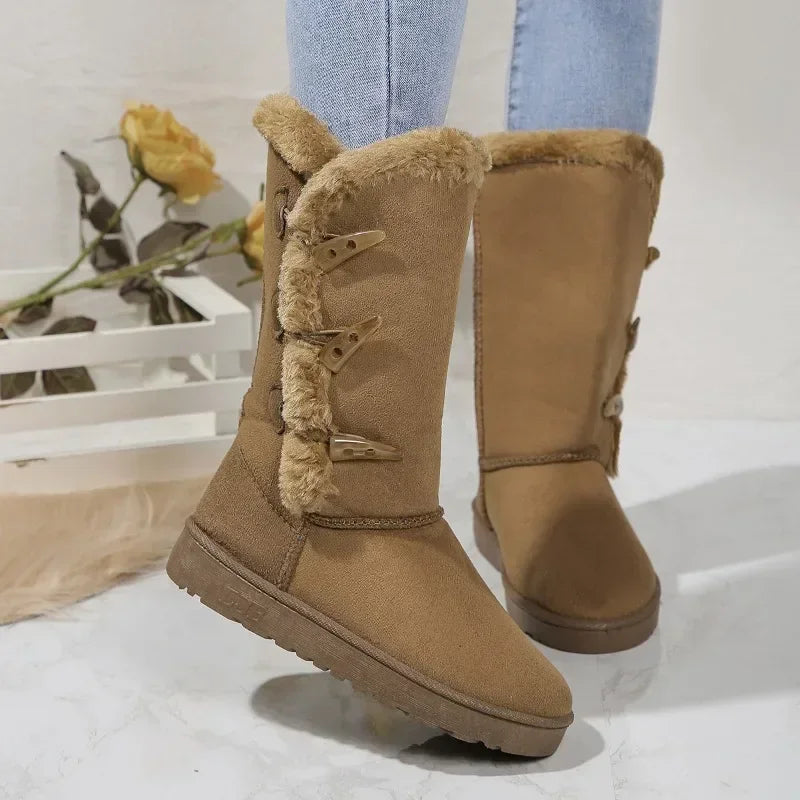 Women Snow Boots Winter Mid-calf Boots Warm Cotton Shoes Fashion Solid Color Button Ladies Brown Long Boots Plus Size 41