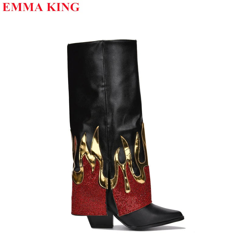 Flame Rhinestone Knee High Boots for Women 2023 Autumn Thick Heeled Pointed Toe Cowboy Boots Woman Slip On Western Long Boots