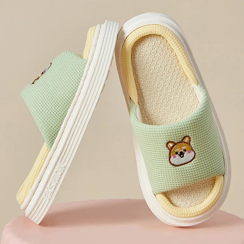 Platform Slippers Women Home Cartoon Animals Cute Designer Shoes Girls 2024 New Casual House Linen Slides Flats Indoor Open Toe