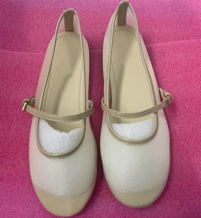 2024 Fashion Round Toe Mesh Mary Jane Flats Shoes Women Summer Shallow Shoes Buckle Ballet Footwear Ladies Moccasins Shoes