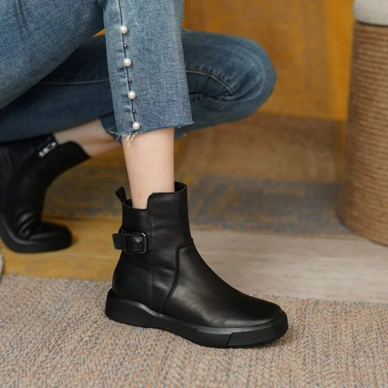 2024 New Retro Boots for Women Autumn Winter Women's Shoes PU Leather Casual Flat Ankle Boots Female Platform Short Boots