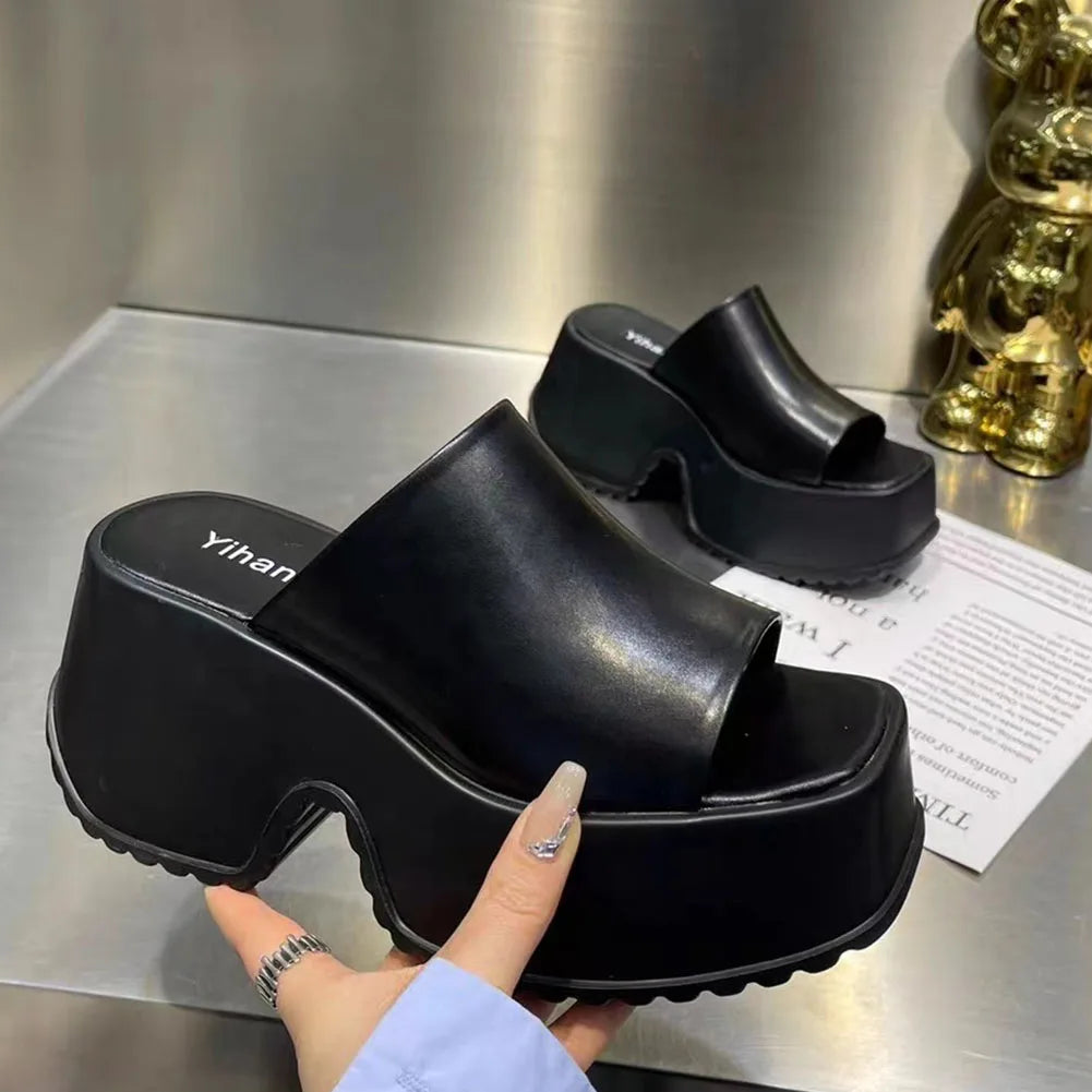 Punk Chunky Heels Mule Shoes Sandals For Women Rivet Platform Slide Sandals Open Toe 2024 Summer Trendy Shoes Street Women Shoes