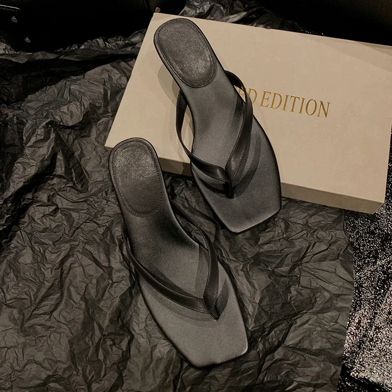 JOZHAMTA Size 34-42 Women Mule Sandals Real Leather Flip Flops Kitten High Heels Summer Shoes Casual Beach Home Slides Slippers