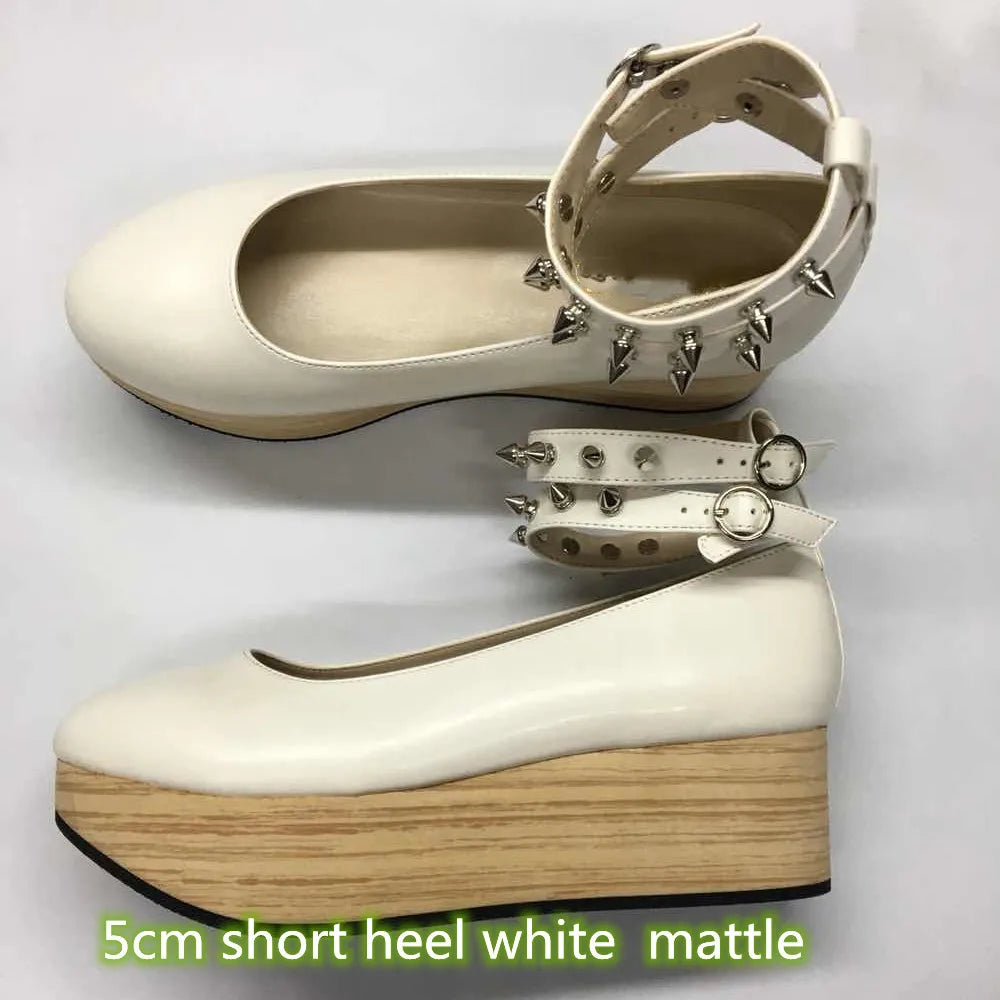 2023 new hard soled wood grain thick soled high-heeled rivets Lolita Lolita rocking horse shoes women