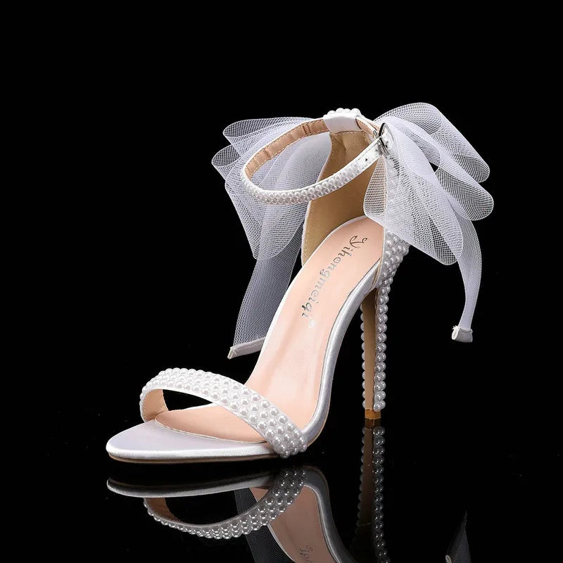 2025 New Fish Mouth High Heels Shallow Mouth Rhinestone Pearl Sandals Women's Wedding Bride Shoe