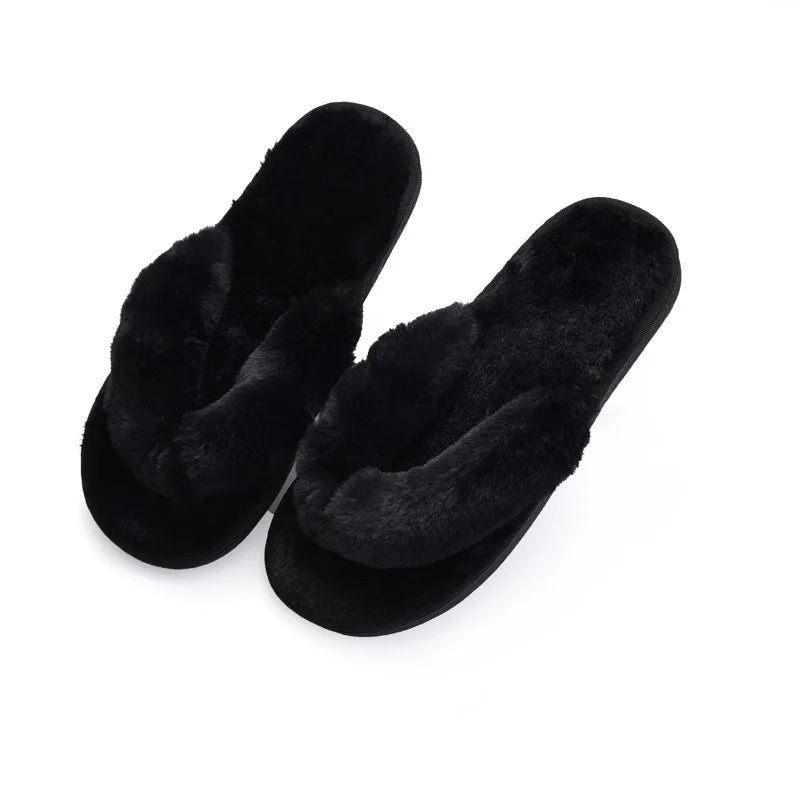 Winter Women House Slippers Faux Fur Fashion Warm Shoes Woman Slip on Flats Female Slides Black Pink cozy home furry slippers