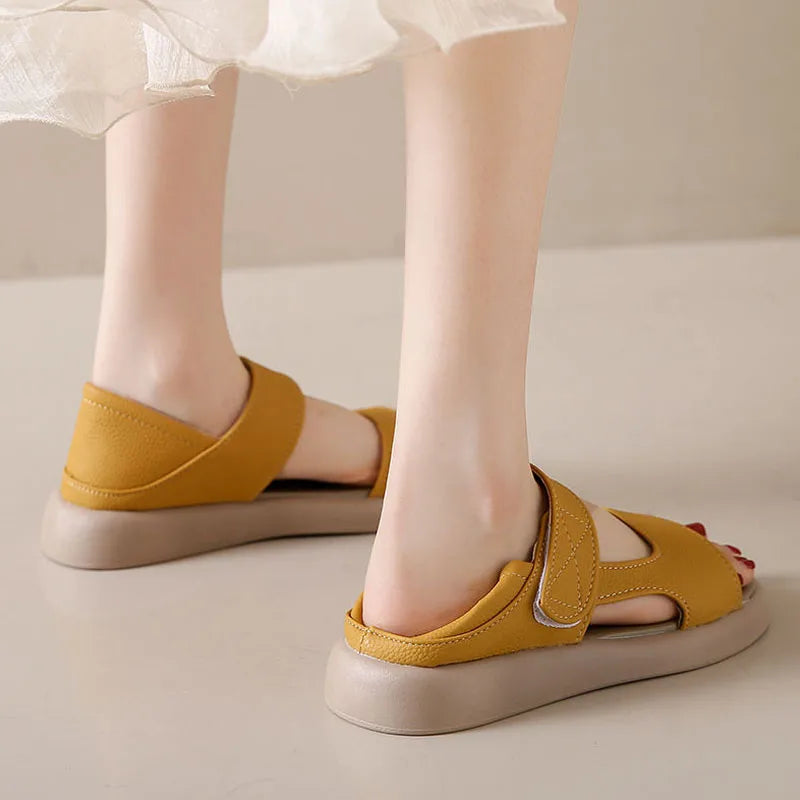 Plus Size Women's Sandals Summer Luxury Soft Leather Sandals New Design Slides Shoes Slippers HOOk&LOOP Casual Platform Sandals