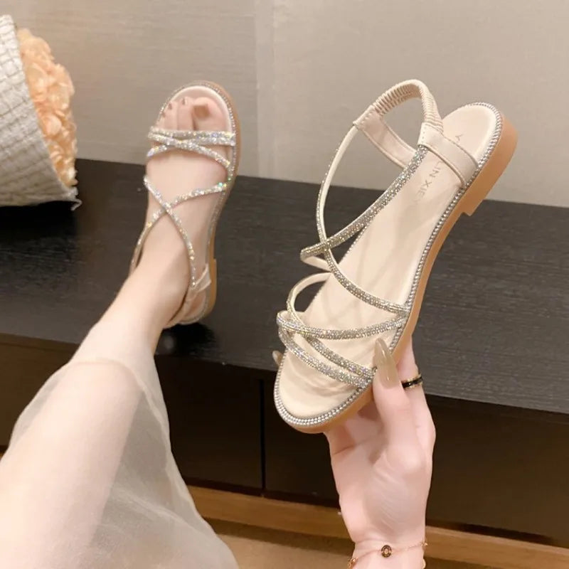 2024 Summer New Sandals, Rhinestone Flat Sandals, Women's Open Toe Elastic Set Foot Cross Sandals, Women Sandals