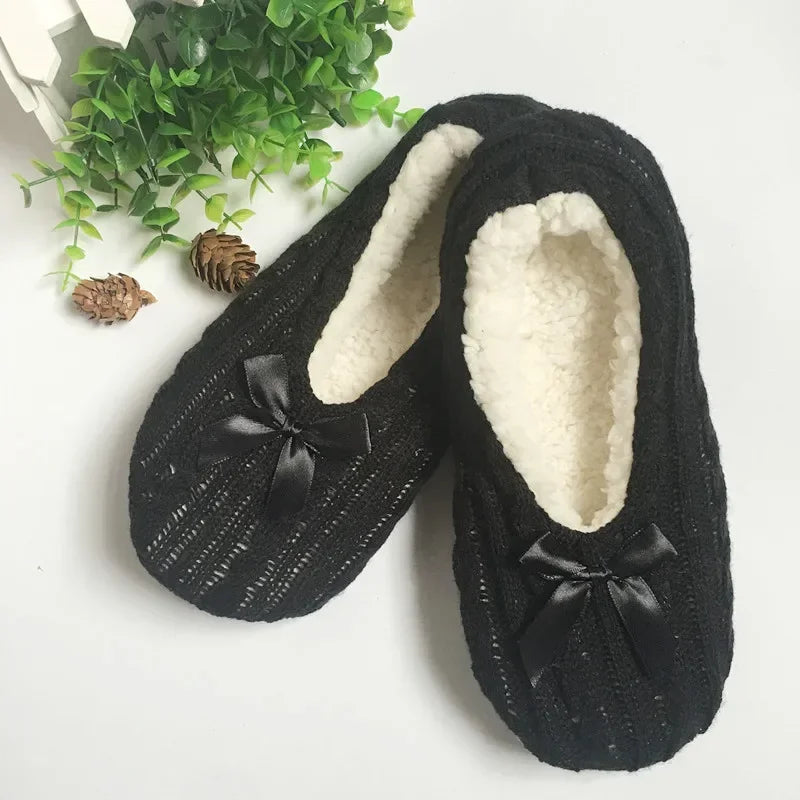 Home Slipper Womens Winter Room Plush Warm Thick Faux Fur Non Slip Bow Knot Grip Funny Indoor Fluffy Floor House Shoes Female