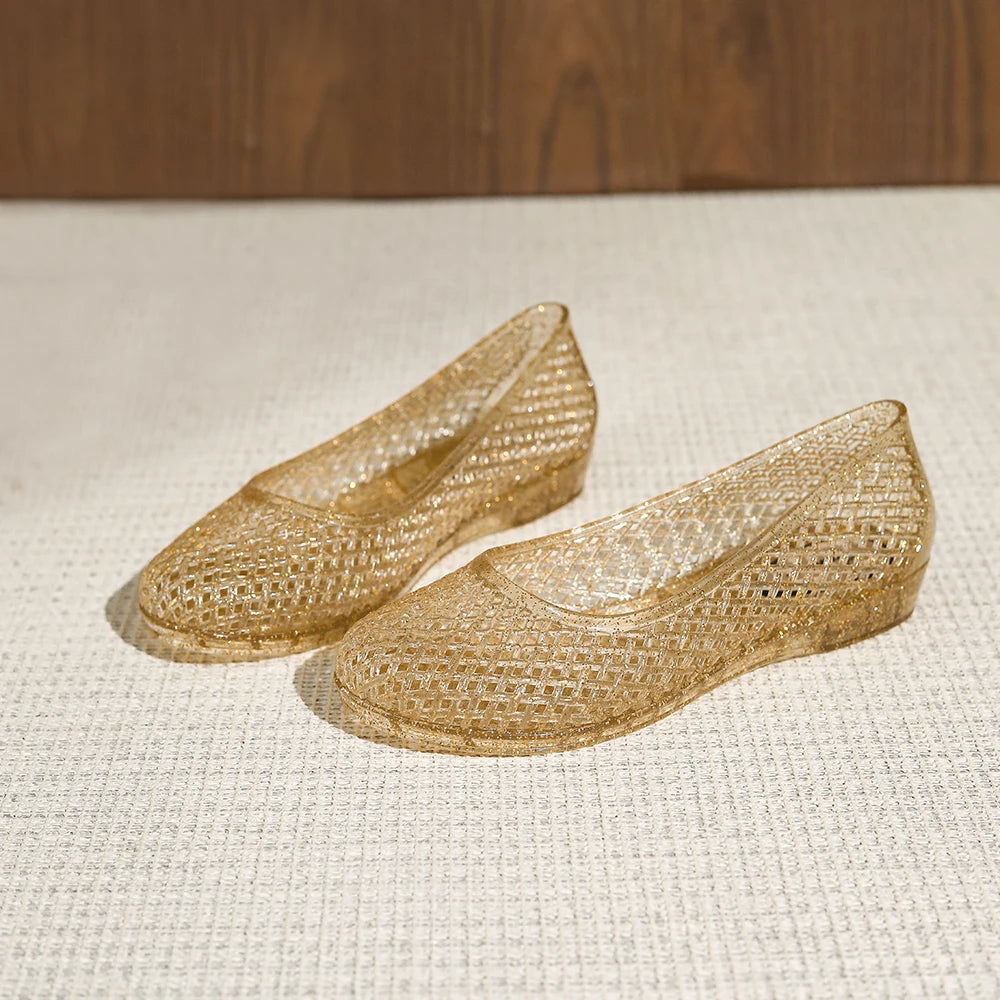 Women's New PVC Hollow Low Heel Summer Fashion Shallow Mouth Single Shoes Casual Sandals