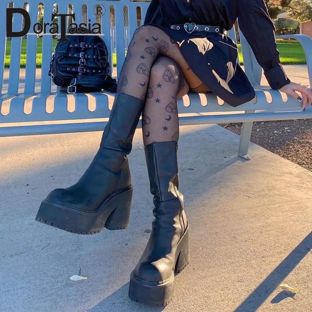 Big Size 43 Brand New Female Chunky High Heels Boots Fashion Zip Goth Platform Solid women's Boots Party Street Woman Shoes