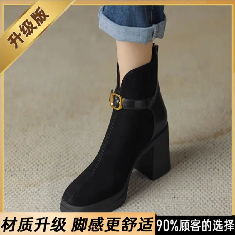 Womens Heeled Ankle Boots Platform Zipper Punk Motorcycle Booties Chunky Block High Heel Round Toe Fashion Combat Boots