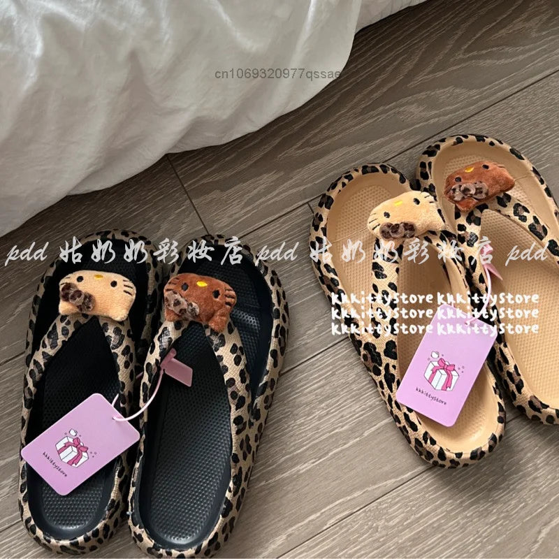 Y2K Spicy Girl Style Hello Kitty Leopard Print Flip Flops, Sanrio New Soft Sole Stepping Stool Feel Slippers, Casual Beach Shoes