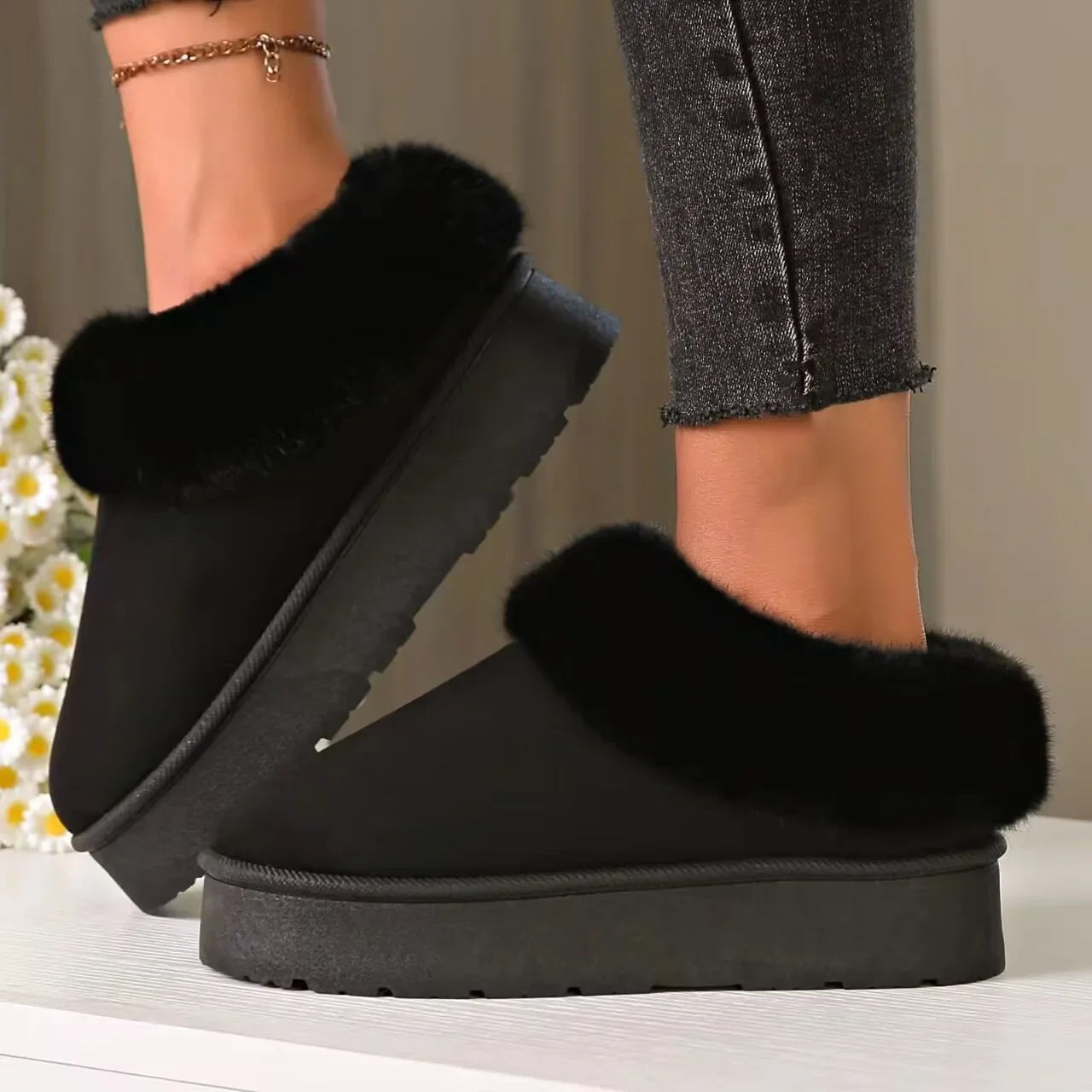 Women's synthetic suede snow boots, warm plush shoes without LACES, thick soles, non-slip, warm, cotton lined, winter