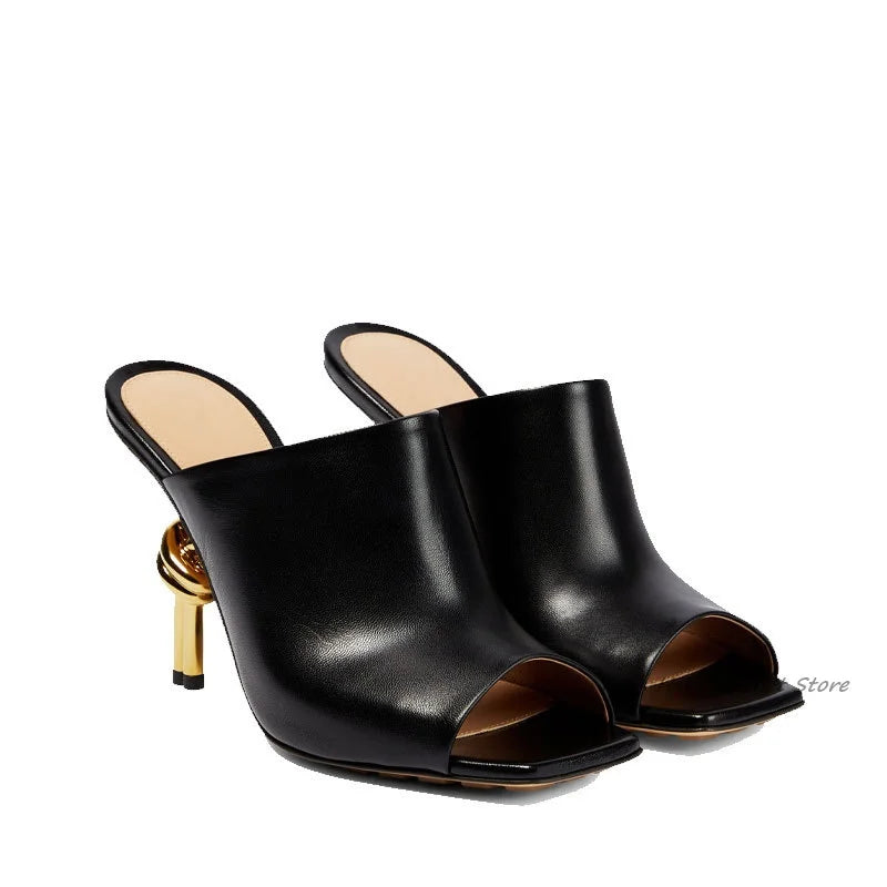 2024 Runway New Square Toe Leather Slippers Strange Style High Heels Colorful Mules Women's Luxury Designer Party Brand Shoes