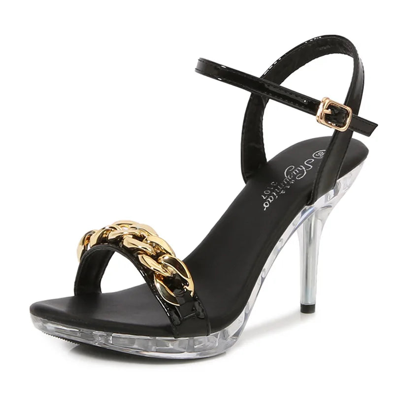 Voesnees High Quality Gold Chain Design Women Sandals Summer Beach Party Shoes Plus Size Transparent Platform 9.5CM Stilettos