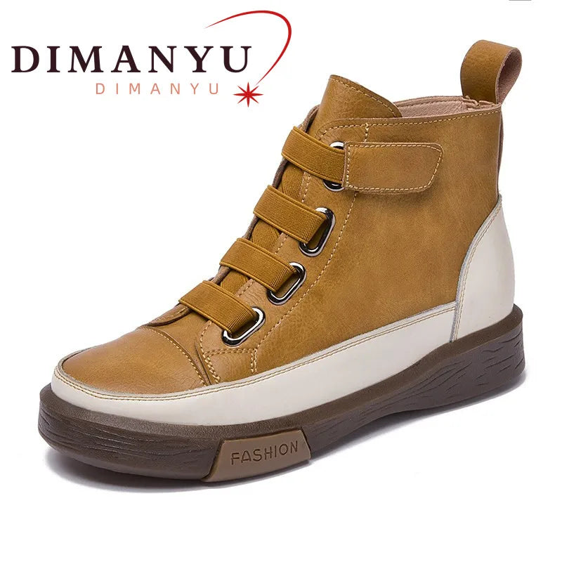 DIMANYU Femmes Chaussures D'hiver Bottes Plates En Cuir Véritable Rétro Cravate Avant Style Britannique Dames Bottes Tendance Fille Étudiante