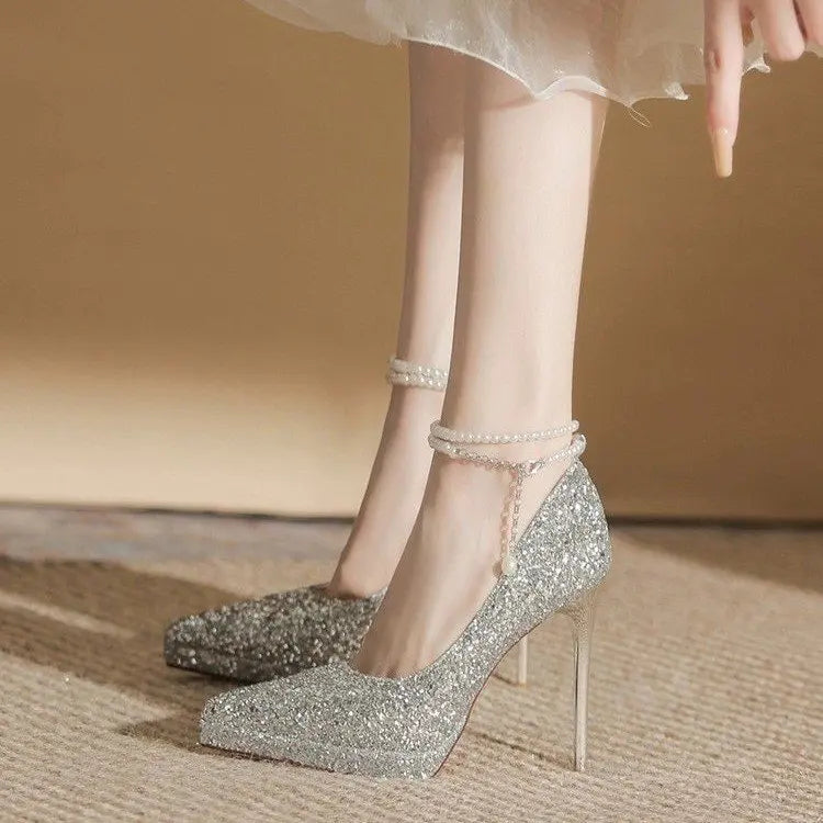 Women New Wedding Crystal Sequins Pumps Women Party Wedding Bling Glitter High Heels Shoes Ladies High Heels Pearl Chains Shoes