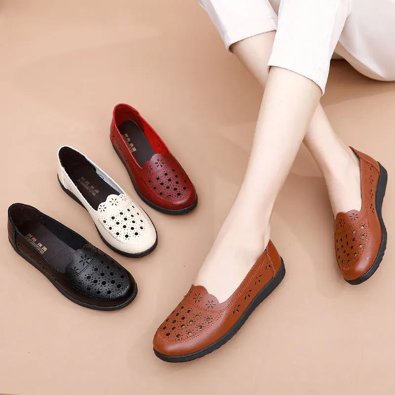 Sandals Summer Comfort Baotou Soft Sole Mom's Shoes Flat Sole Women's Shoes Hole Leather Shoes Middle and Old Age Shoes