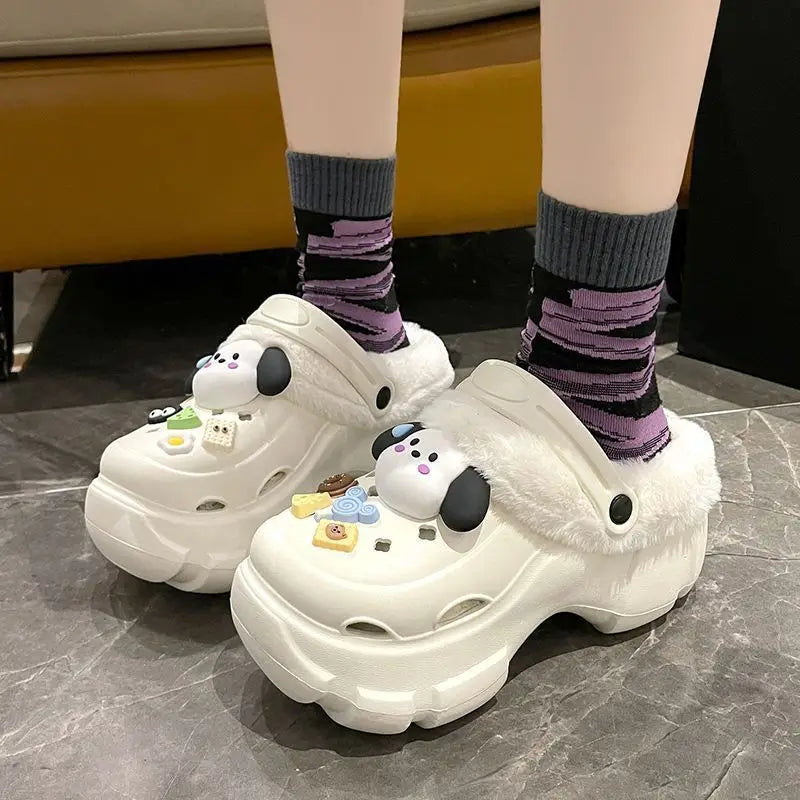 Cartoon hole shoes EVA winter women's outerwear plush insulation thick-sole room height increase inner foreskin cotton slippers
