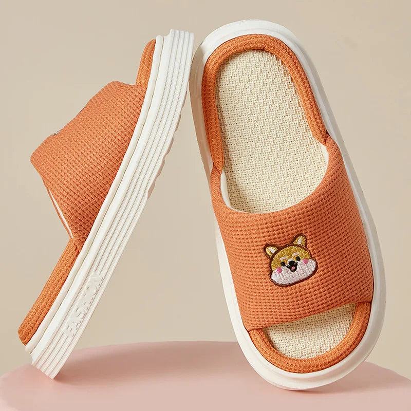 Platform Slippers Women Home Cartoon Animals Cute Designer Shoes Girls 2024 New Casual House Linen Slides Flats Indoor Open Toe