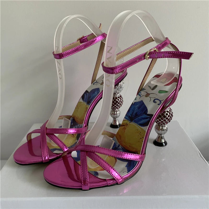 Jeweled Crystal Metal Strange Heel Sandals Women Sexy Cross Narrow Band Printed Flower Color 2024 Summer Banquet Shoes Woman