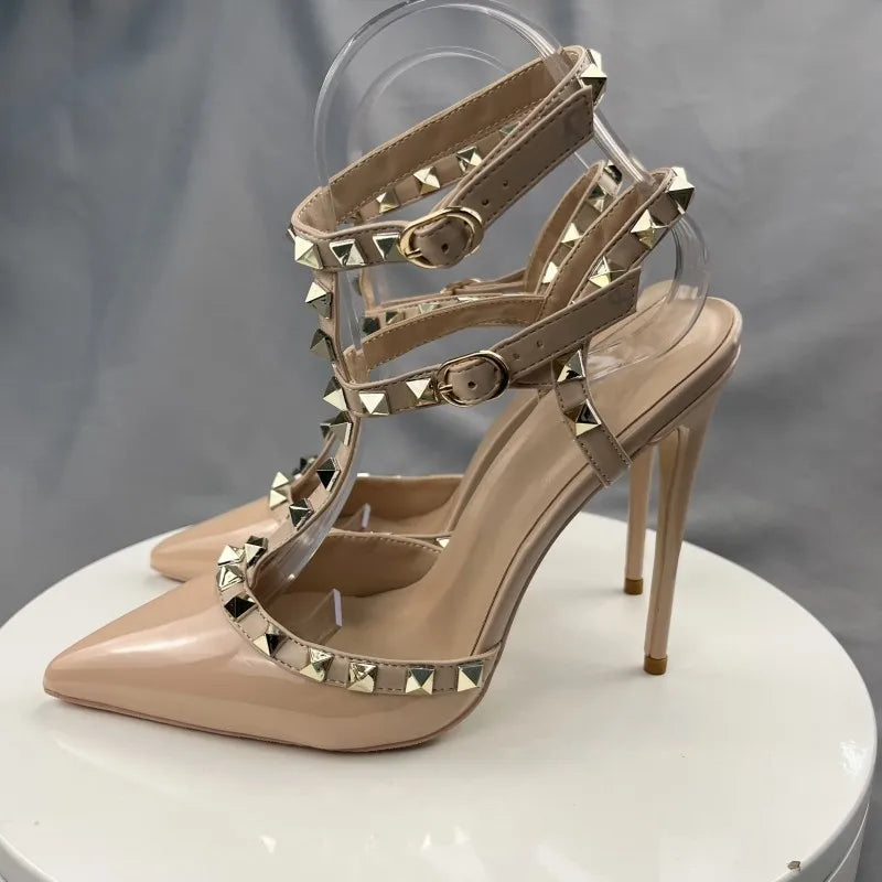Beige Square Rivets T-Strapy Women Sandals New High Heels Sexy Party Wedding Pointed Toe Pumps Ankle Buckle Women