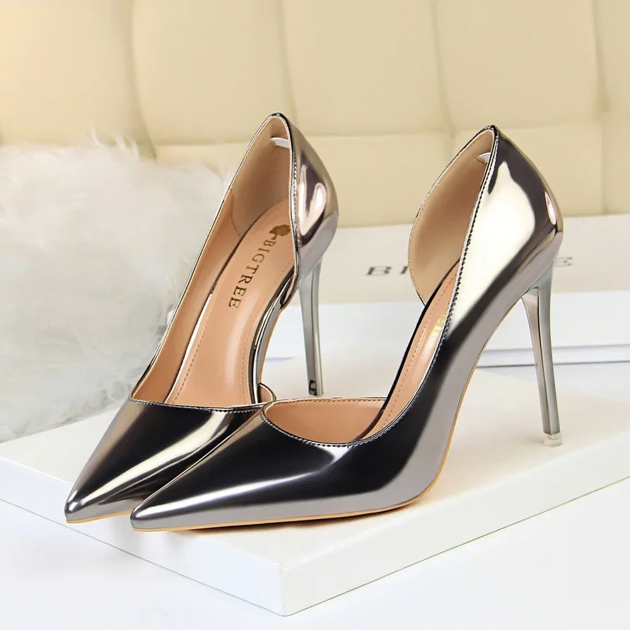 Women 10.5cm High Heels Pumps Lady Stripper Metallic Leather Scarpins Wedding Stiletto Heels Party Silver Champagne Gold Shoes