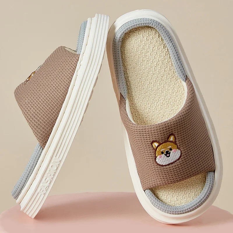 Platform Slippers Women Home Cartoon Animals Cute Designer Shoes Girls 2024 New Casual House Linen Slides Flats Indoor Open Toe