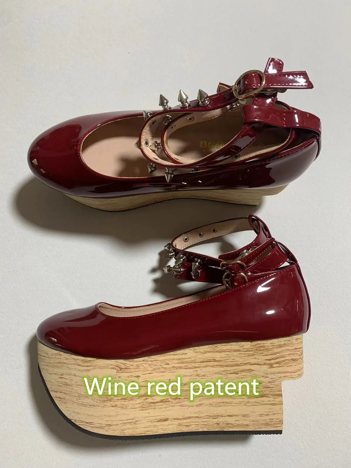 2023 new hard soled wood grain thick soled high-heeled rivets Lolita Lolita rocking horse shoes women
