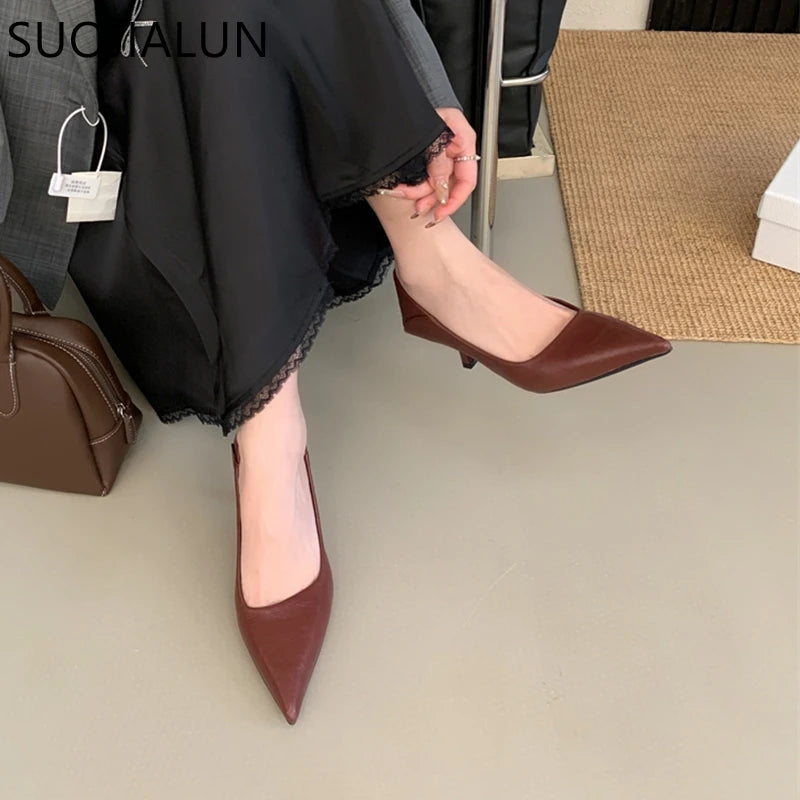 SUOJIALUN New Brand Women Pumps Shoes Fashion Pointed Toe Shallow Slip On Dress Single Shoes Ladies Thin High Heel Dress Pumps