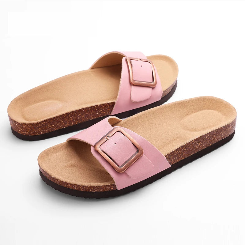 Kidmi Women Clogs Slippers Summer Clogs Flat Sandals Cork Mules Beach Slides With Double Buckle 2024 Outdoor Women Flat Sandals