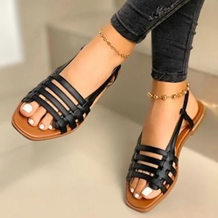Buckle Strap Women's Sandals Daily Sandals Women Flat with Round Toe Solid Soft Bottom Ladies Shoes