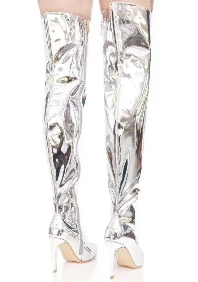 Women Boots Mirror Platform Pointy Toe Punk High Thin Heels Over The Knee Long Boots Autumn Winter Zip Silver Casual Party Shoes