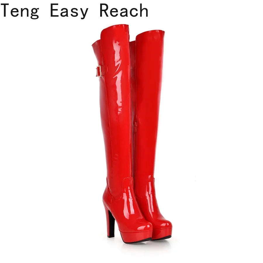 Sexy Over The Knee Boots Women Platform Fashion High Heels Thigh High Boots Patent Leather Women's Winter High Boots Shoes Red