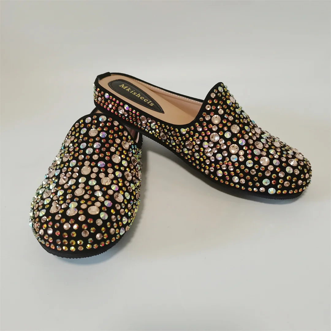 Hot Sale Multicolor Flat Heel Sequin Women's Slippers Casual Banquet Fashion Party Italian Mules Slipper Rhinestone Shoe F1013-2