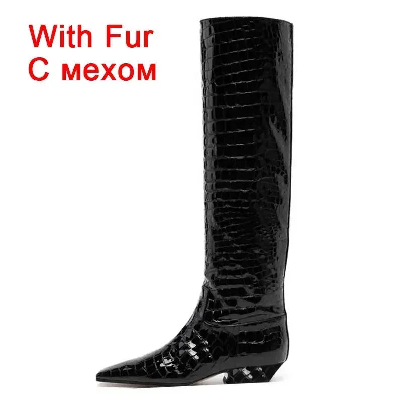 JOZHAMTA Size 35-43 Women Knee Boots 2025 Ins Fashion Stone Pattern Soft Leather Thick Heels Shoes Fall Winter Long Tall Boots