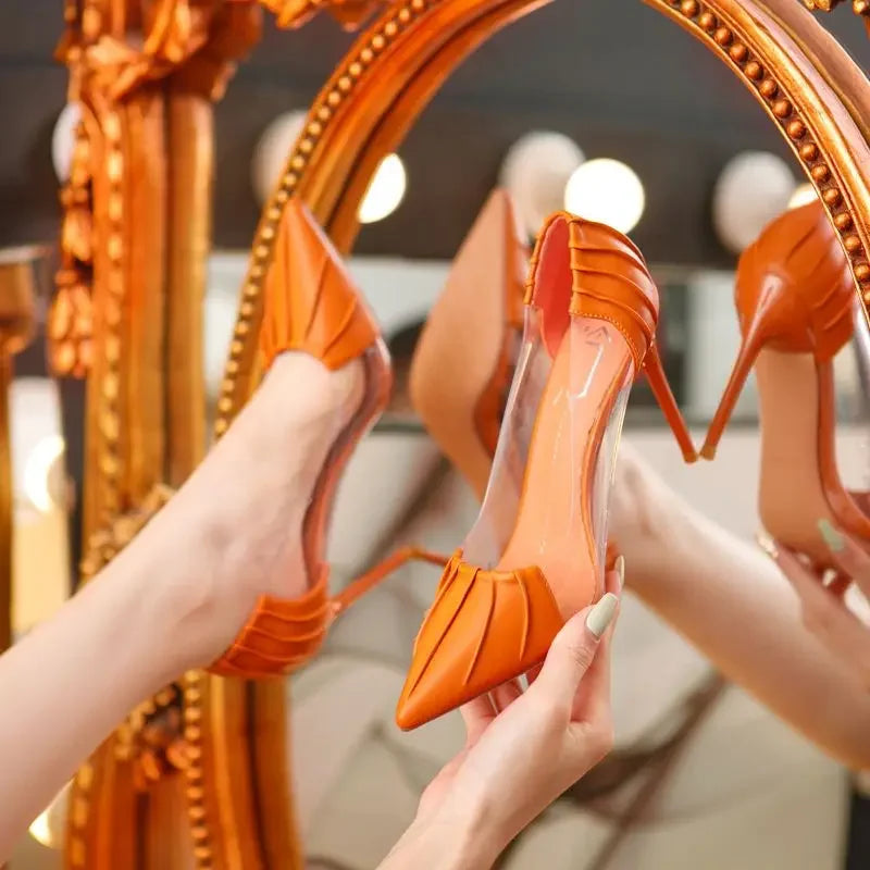 On Heeled Shoes for Women Black Transparent Thin Heels Pumps Pointed Toe High Apricot Woman Footwear Quality with Comfortable