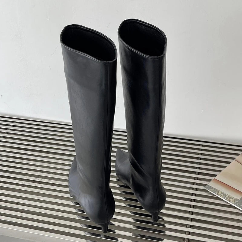 2025 neue Mode Niedrigen Ferse Damen Moderne Westernstiefel Herbst Frühling Spitz Lange Frauen Kniehohe Stiefel Weibliche Pumps Schuhe