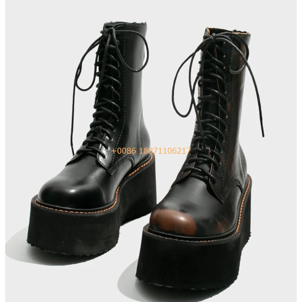 Platform Women's Motorcycle Boots 2024 Autumn New Round Lace-Up Sports Casual Short Boot Fashion Street Style Party Knight Boot